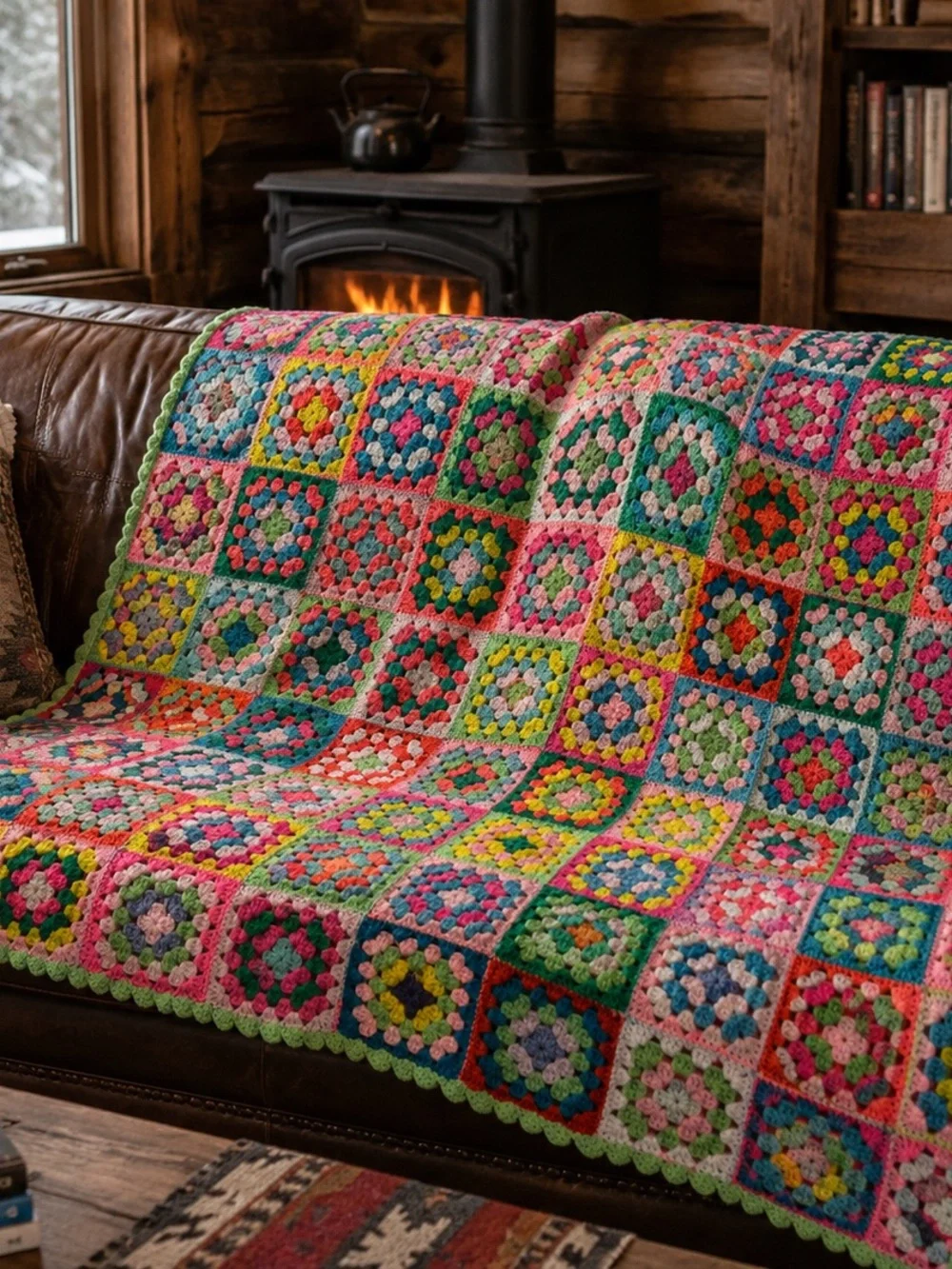 Vintage Granny Hand Crocheted Blanket Squares  Scalloped Border Shell Stitch